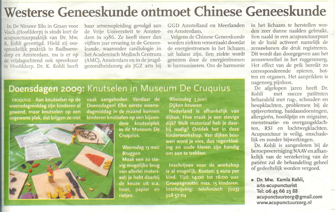 Artikel Acupunctuurzorg in Hoofddorpse Courant